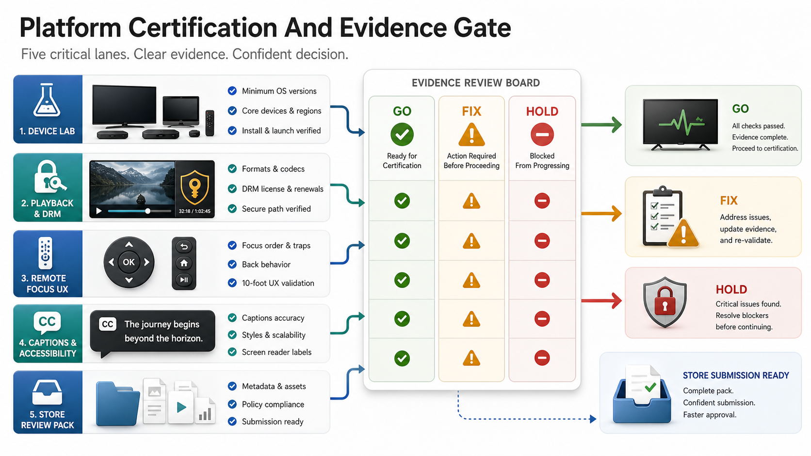 Smart TV platform certification and evidence gate connecting device lab, playback and DRM, remote focus UX, captions and accessibility, store review pack, analytics, and go fix hold launch decisions