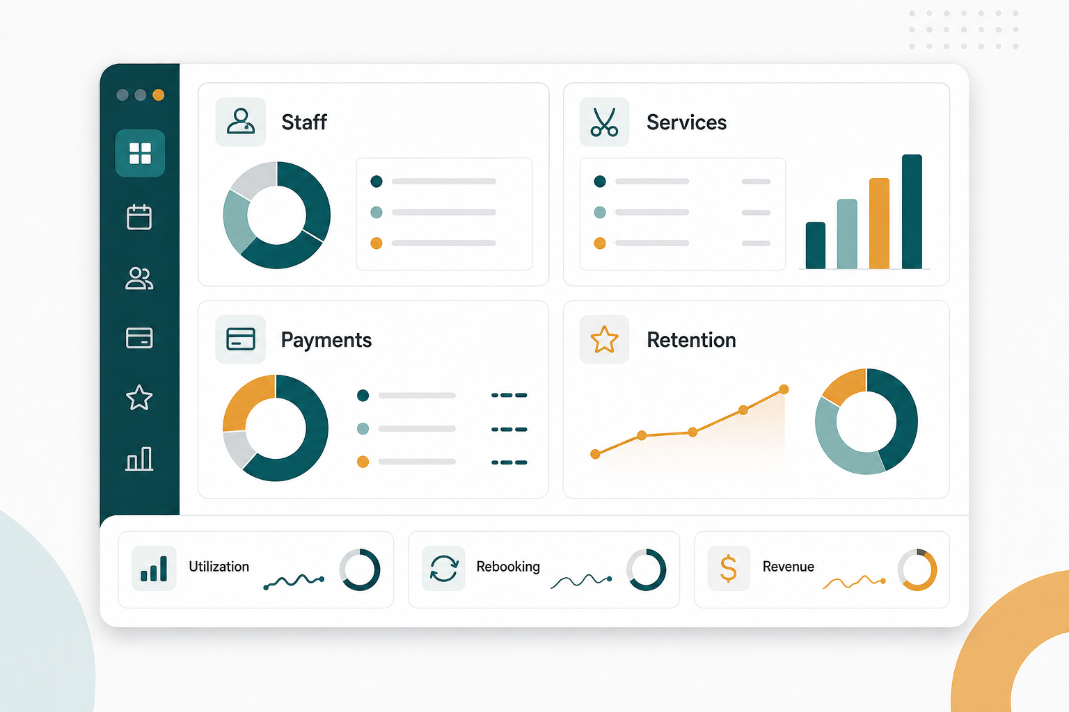 Salon app operations dashboard showing staff, services, payments, retention, utilization, rebooking, and revenue controls