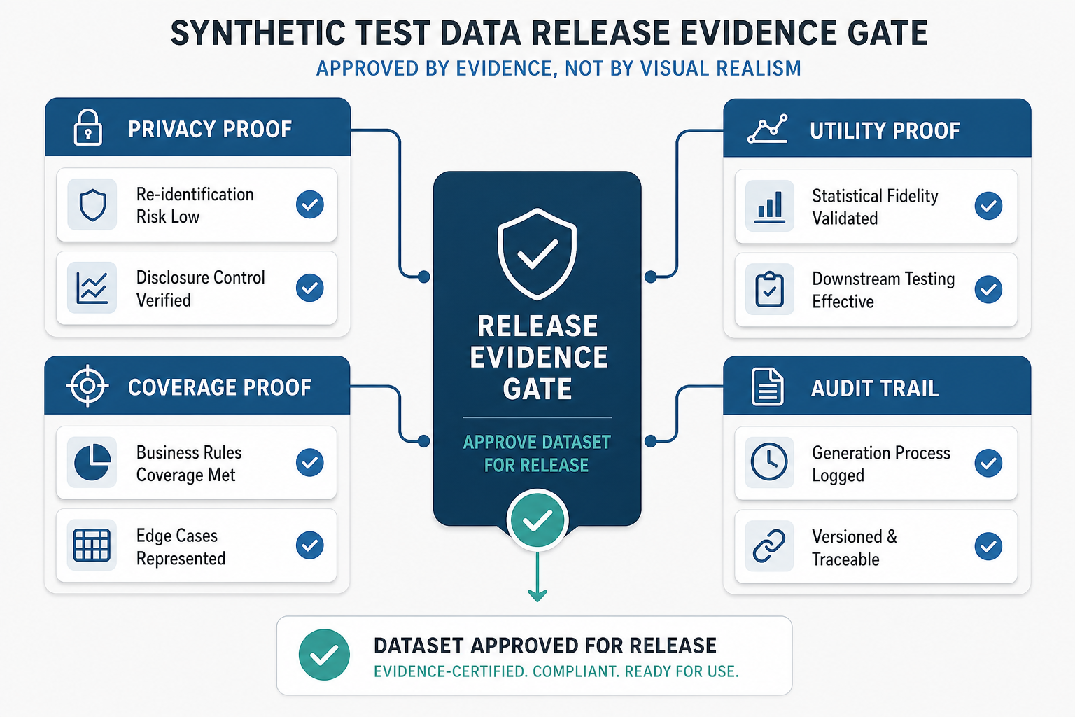 Synthetic test data release evidence gate showing privacy proof, utility proof, coverage proof, and audit trail lanes before approval