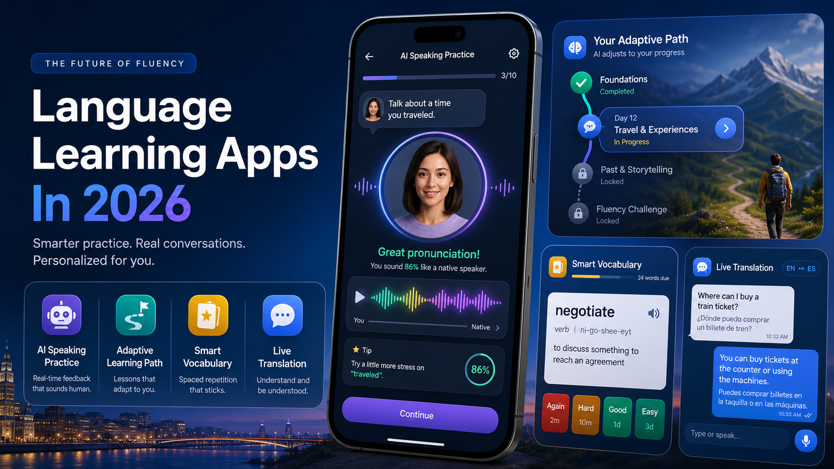 Featured banner showing a modern language learning app interface with AI speaking practice, pronunciation feedback, adaptive lessons, vocabulary cards, and translation bubbles.