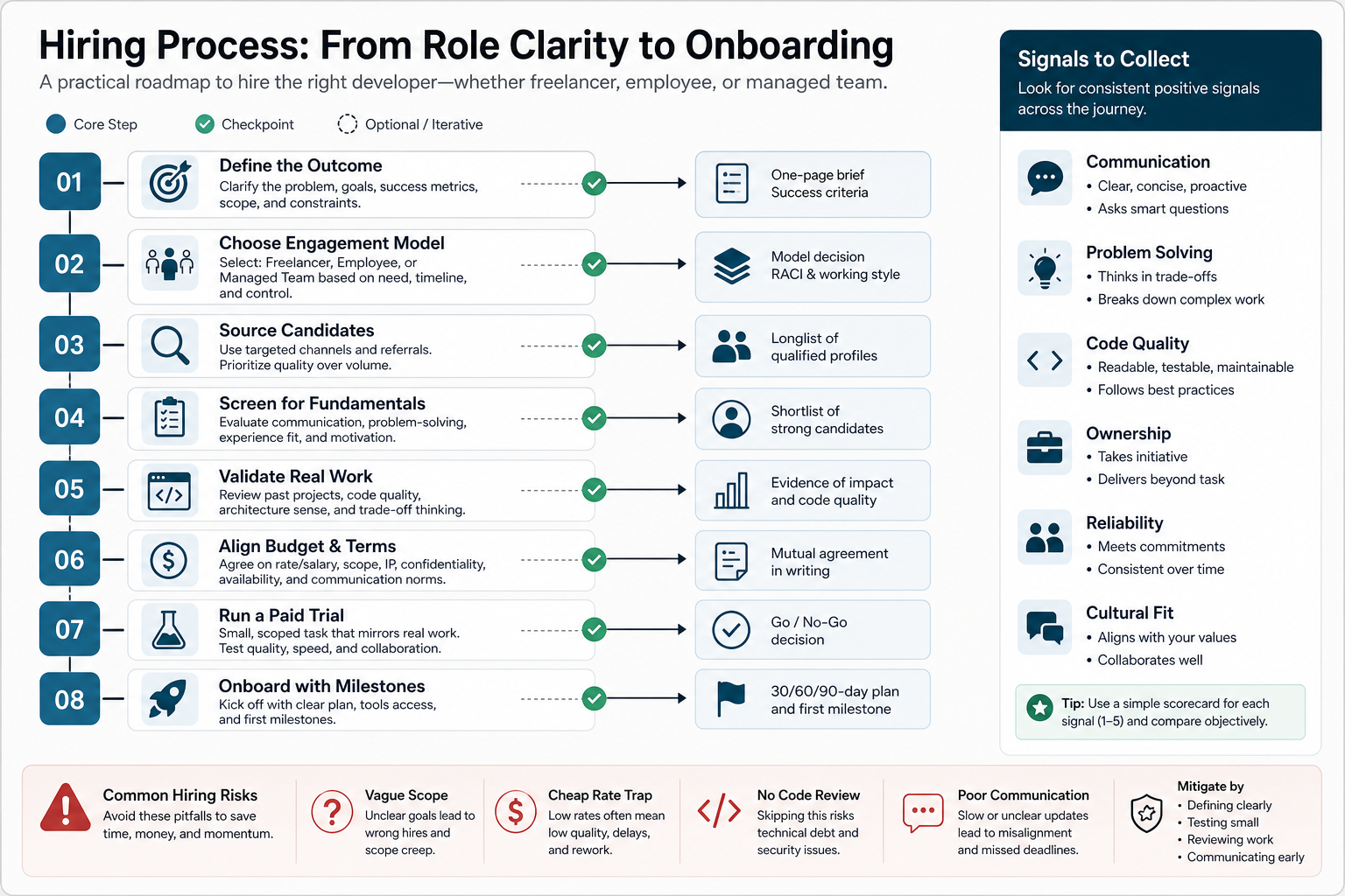 Developer hiring process roadmap from defining outcomes and choosing an engagement model to sourcing, screening, validation, paid trial, and onboarding milestones