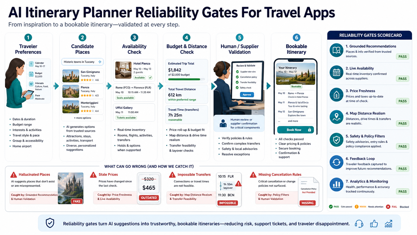 AI itinerary planner reliability gates showing traveler preferences, candidate places, availability check, budget and distance check, human supplier validation, bookable itinerary, and safeguards for hallucinated places, stale prices, impossible transfers, and missing cancellation rules