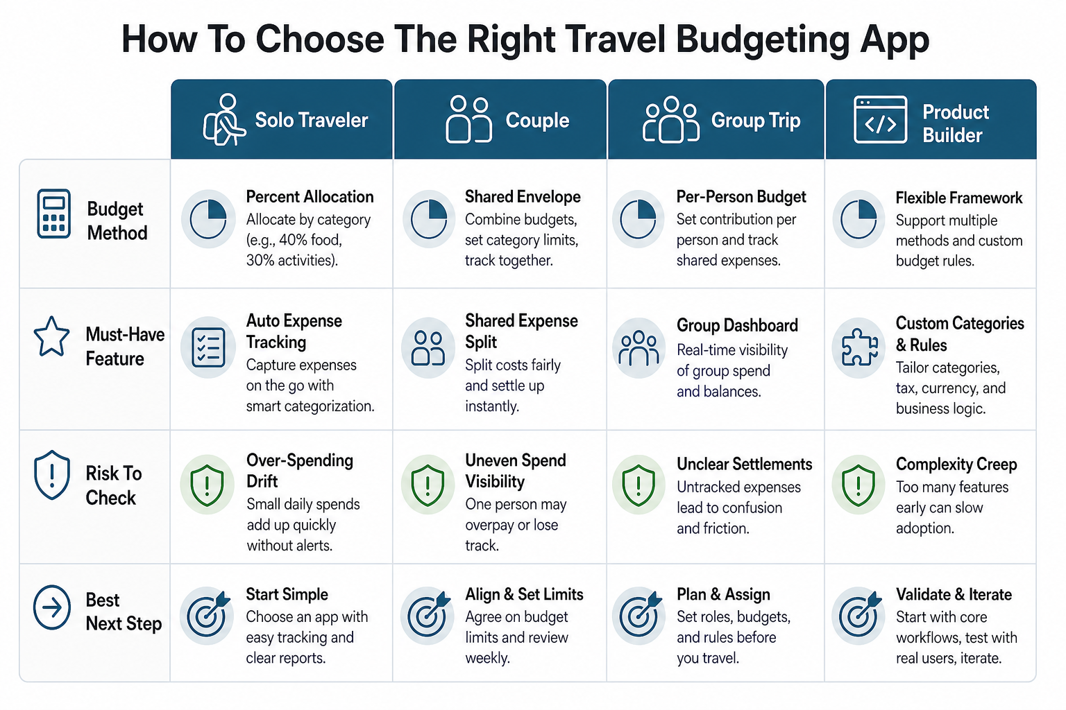 Travel budget app workflow from trip budget planning to expense capture, cost splitting, currency conversion, and spending insights