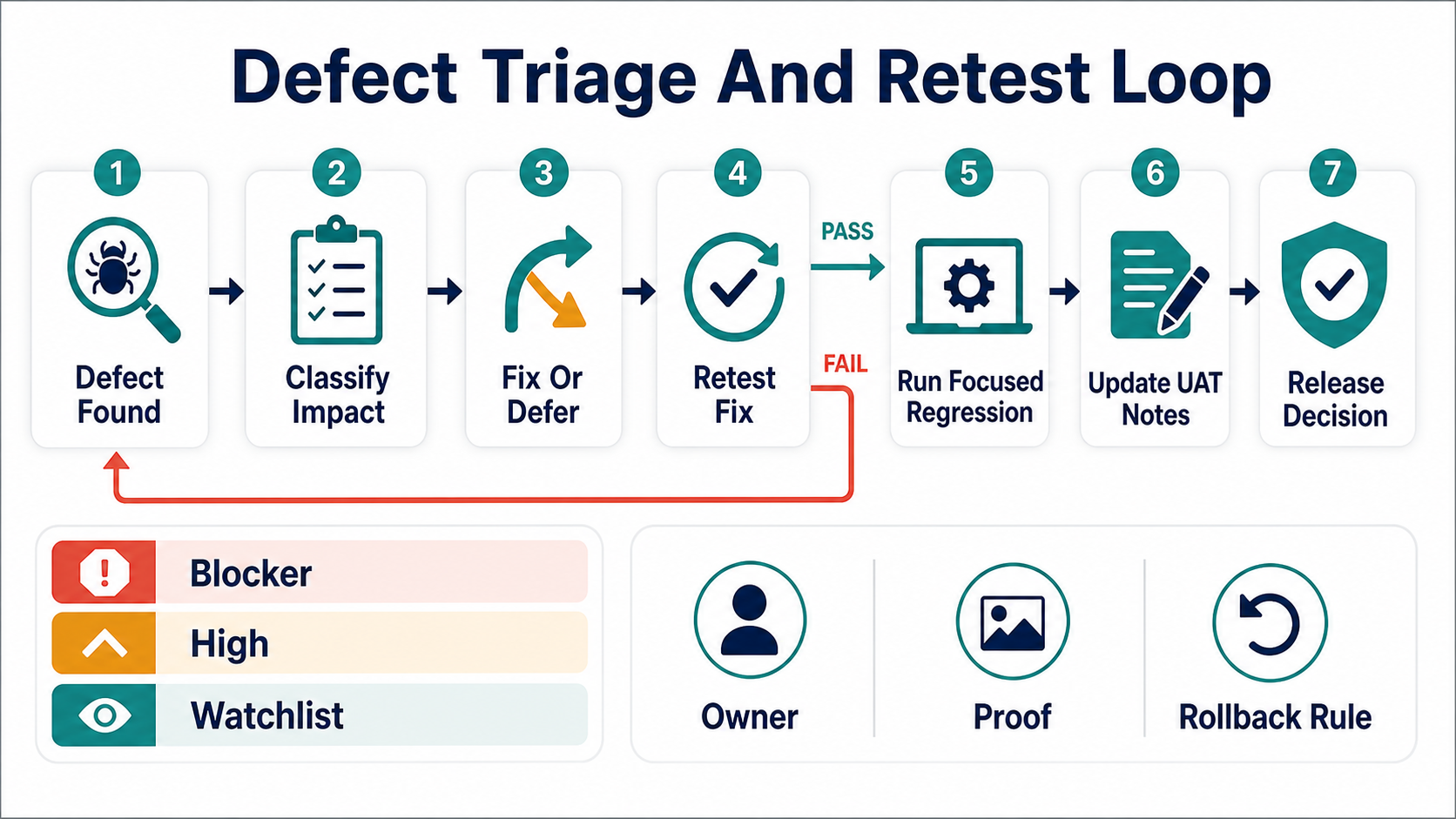 Defect triage and retest loop showing impact classification fix or defer retest focused regression UAT notes and release decision