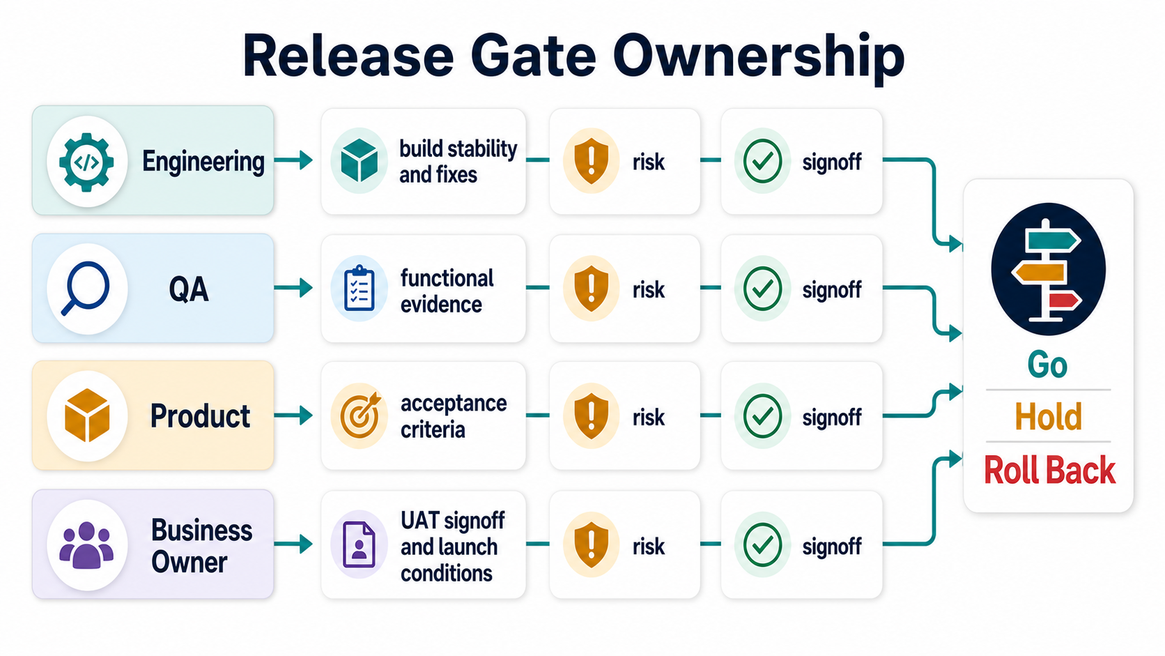 Release gate ownership lanes showing engineering QA product and business owner evidence moving toward go hold or rollback decisions