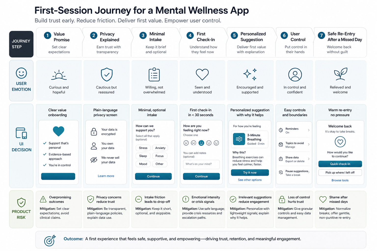 First-session mental wellness app journey map showing value promise, privacy explanation, minimal intake, first check-in, personalized suggestion, user control, and safe re-entry