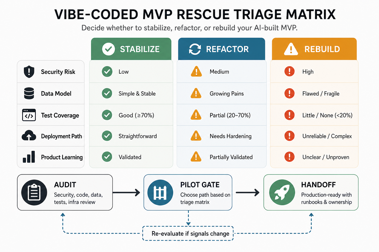 Triage matrix for deciding whether to stabilize refactor or rebuild a vibe-coded MVP based on security risk data model test coverage deployment path and product learning