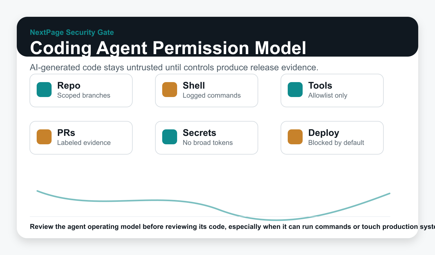 Coding agent permission model showing repository access, command execution, pull requests, tool scopes, approvals, logs, and deployment restrictions