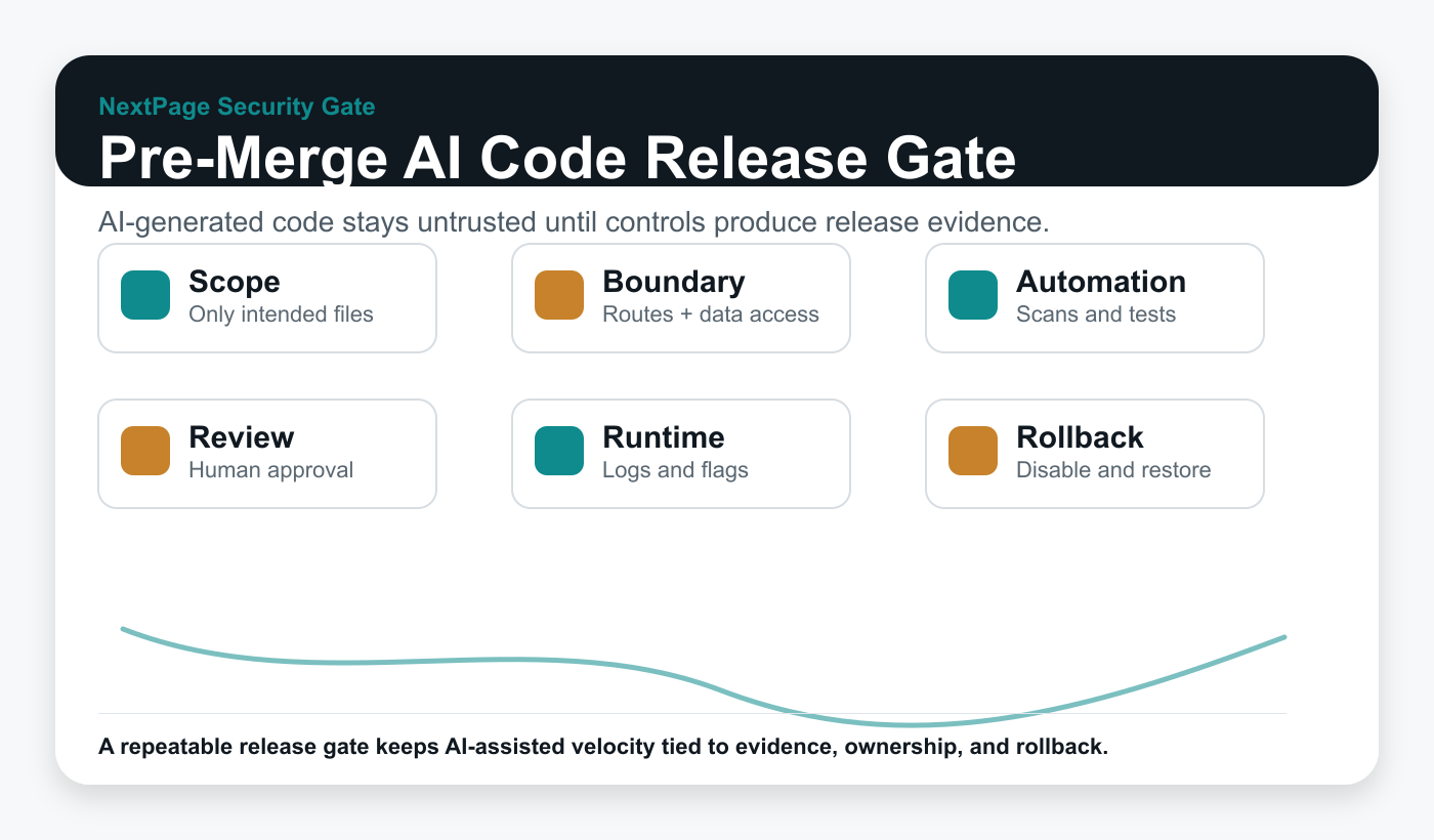 Pre-merge release gate for AI-generated code moving through scope review, trust-boundary checks, scans, human approval, runtime evidence, and rollback