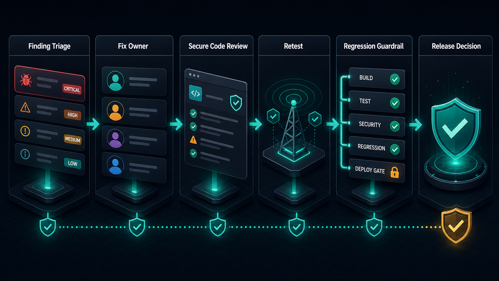 Web application penetration testing remediation and retest workflow showing triage, fix ownership, secure code review, retest, regression guardrails, and release decision