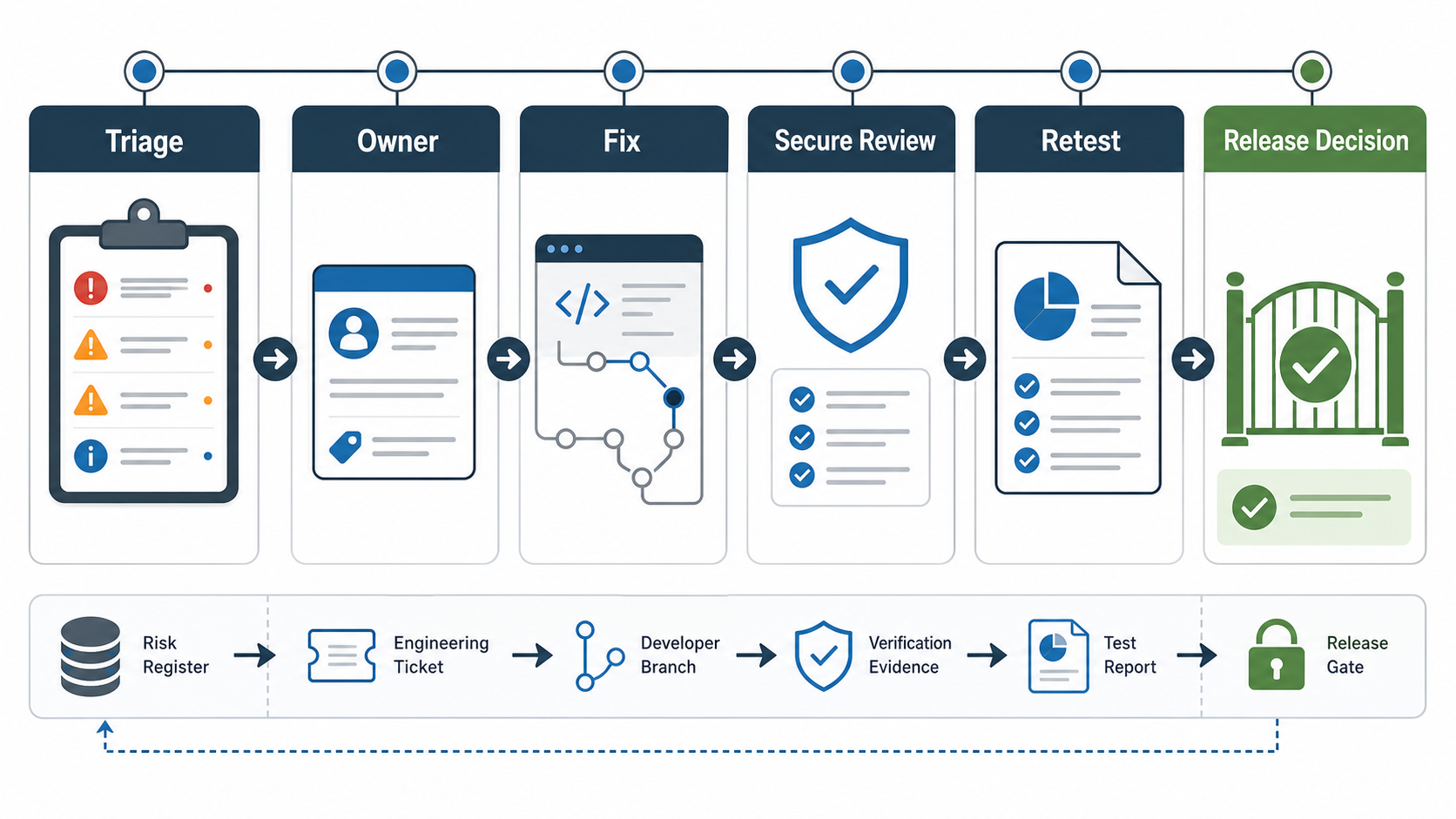 Web application penetration testing remediation and retest workflow showing triage, fix ownership, secure code review, retest, regression guardrails, and release decision
