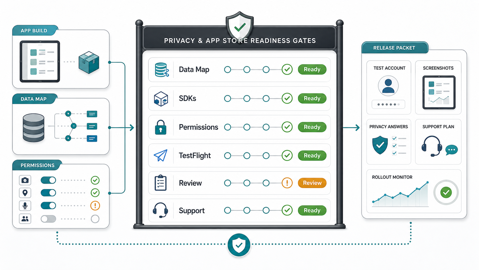 iPad app migration privacy and App Store release gate board showing data map, SDKs, permissions, TestFlight, review, support, release packet, screenshots, privacy answers, and rollout monitor