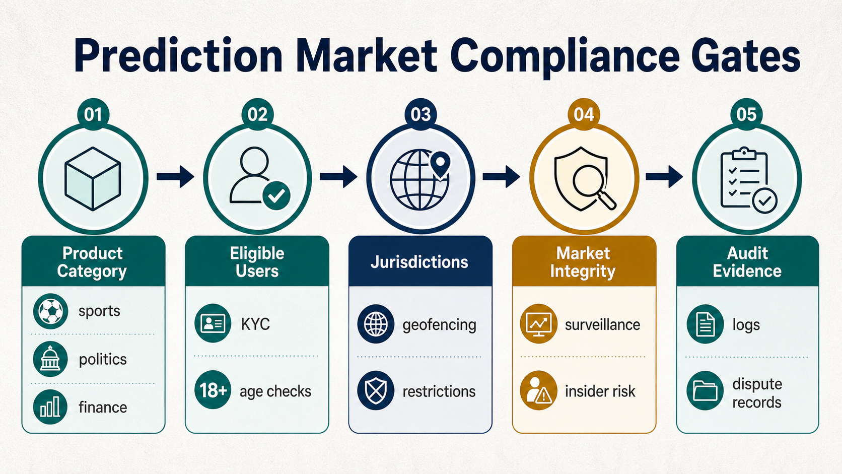 Prediction market compliance gates for product category, eligible users, jurisdictions, market integrity, and audit evidence