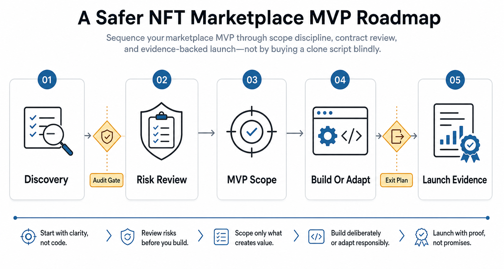 Five step NFT marketplace MVP roadmap moving from discovery and risk review through MVP scope, build or adapt, and launch evidence