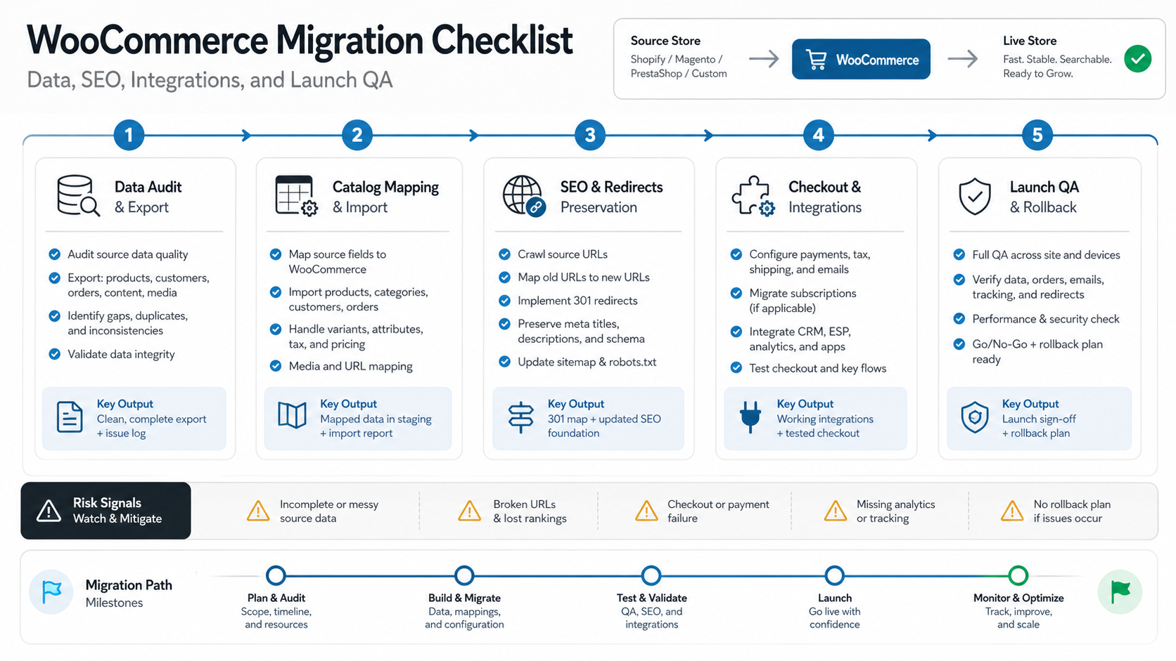 WooCommerce migration checklist board showing data audit, catalog mapping, SEO redirects, checkout integrations, launch QA, and rollback planning