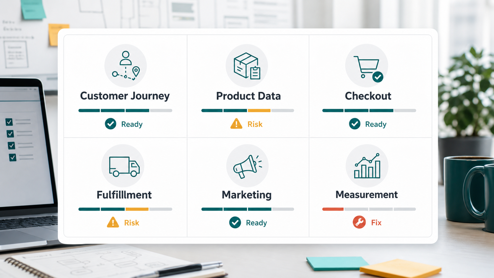 WooCommerce launch readiness matrix covering data, SEO, checkout, integrations, launch ownership, rollback, and monitoring status