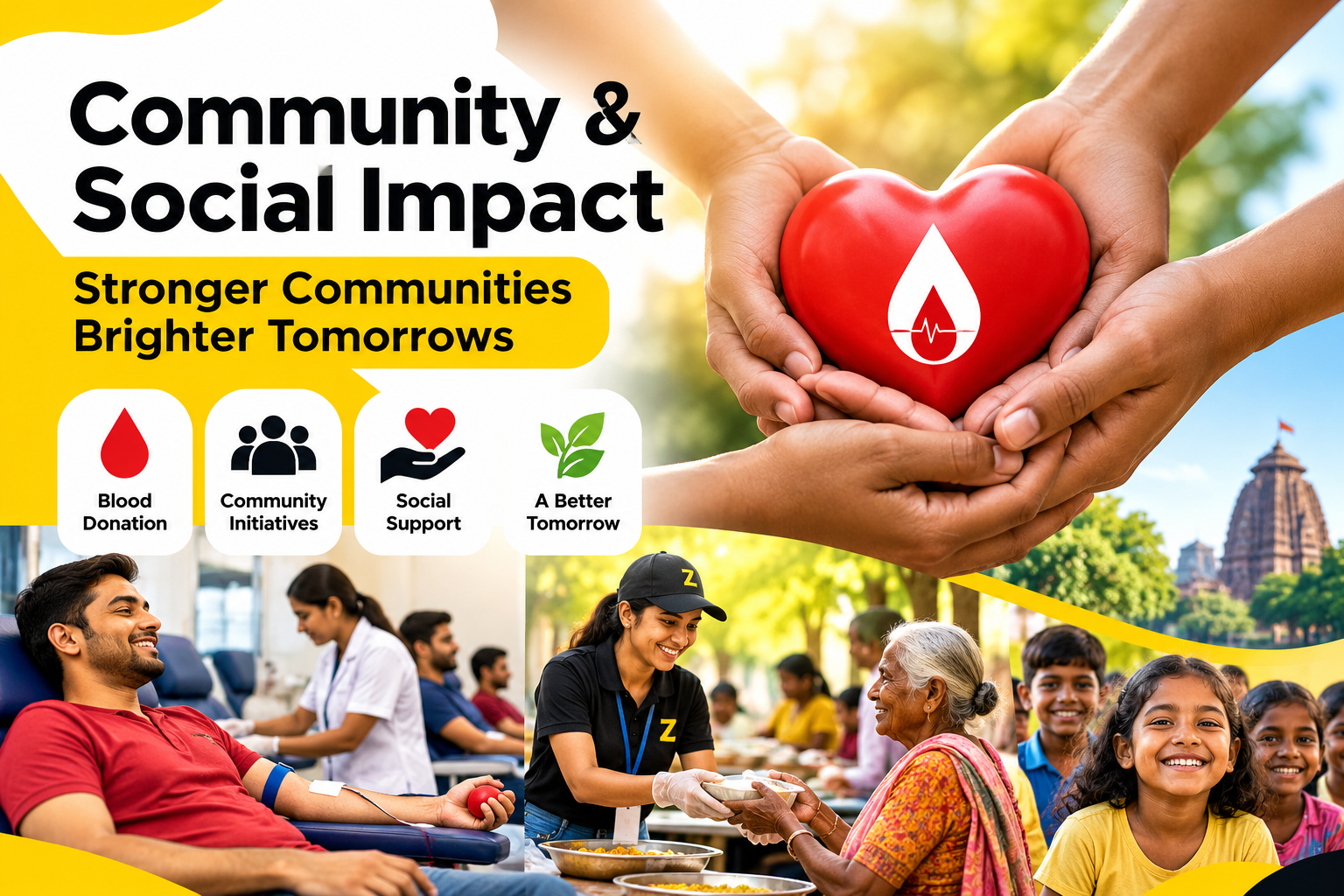 A vibrant Community & Social Impact banner highlighting ZINGARA’s commitment to building stronger communities and brighter tomorrows. Featuring blood donation, community initiatives, social support, f