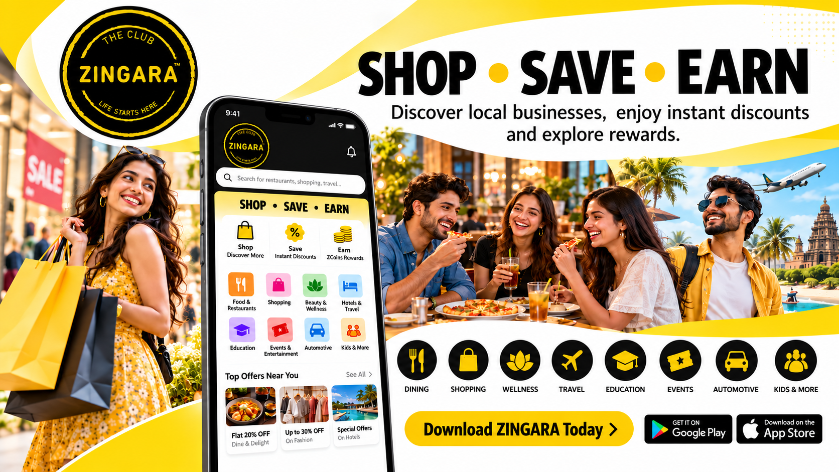 A vibrant ZINGARA lifestyle banner featuring the official ZINGARA logo, the tagline “SHOP • SAVE • EARN,” a smartphone displaying lifestyle offers, and visuals of shopping, dining & travel,