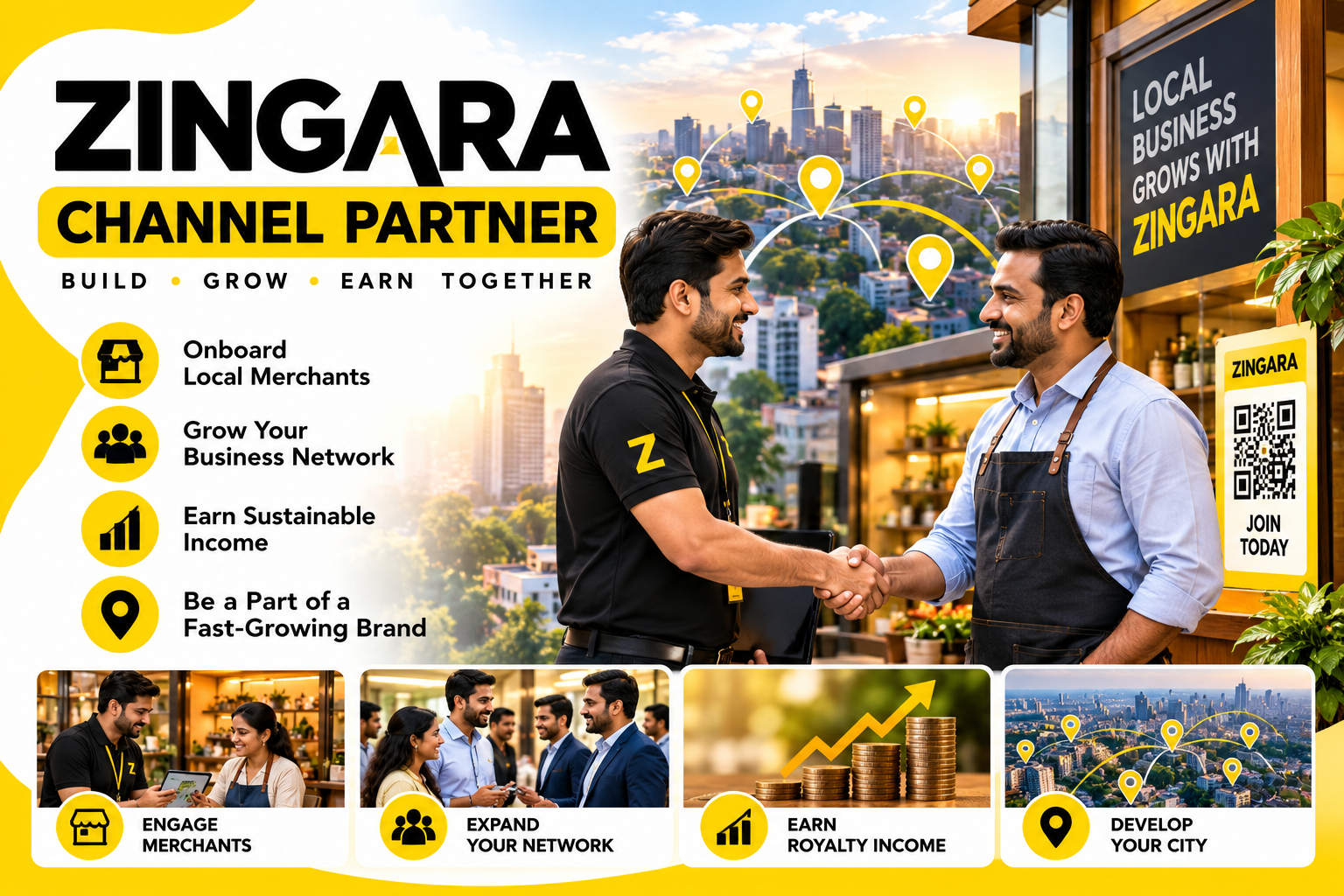 ZINGARA Channel Partner banner showcasing a business partnership opportunity to build and expand a local merchant network. Featuring two business professionals shaking hands, a connected city network
