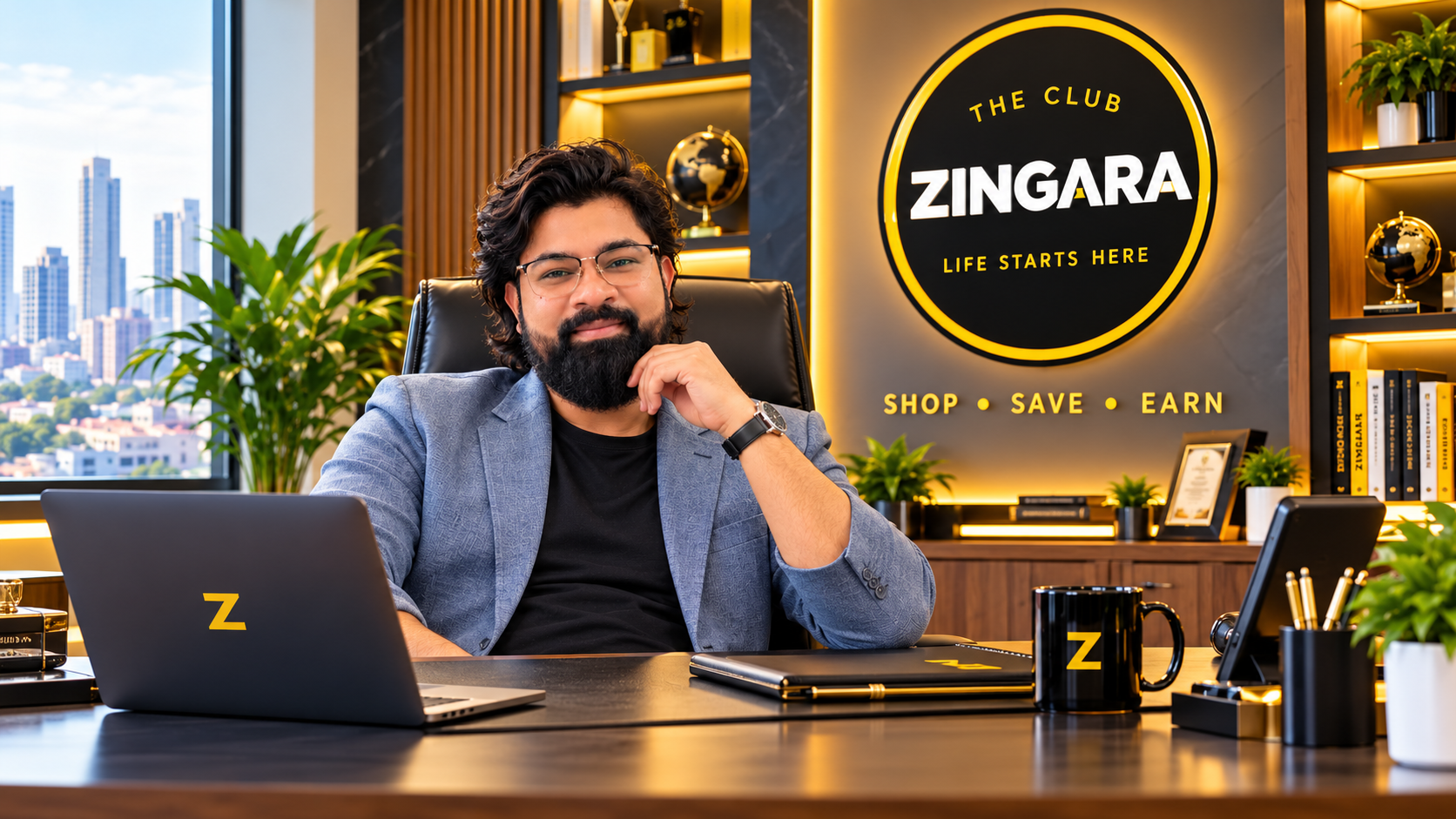 Professional portrait of ZINGARA Founder & CEO seated in a modern executive office, featuring premium black-and-yellow branding, the official ZINGARA logo, “SHOP • SAVE • EARN” tagline