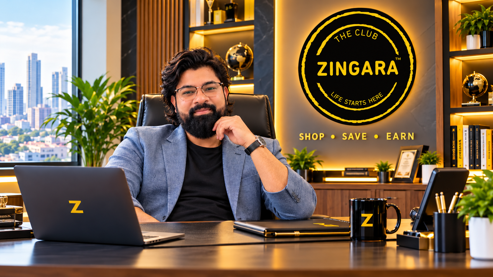 Professional portrait of ZINGARA Founder & CEO seated in a modern executive office, featuring premium black-and-yellow branding, the official ZINGARA logo, “SHOP • SAVE • EARN” tagline