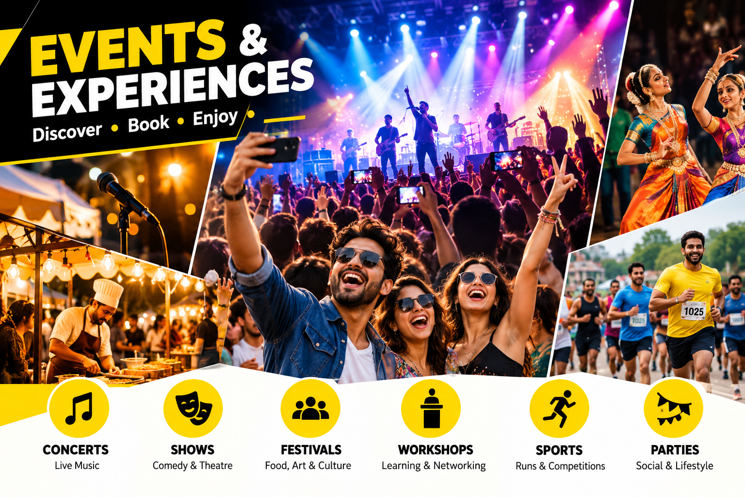 Vibrant ZINGARA Events & Experiences banner showcasing concerts, live music, cultural performances, festivals, workshops, sports events, and parties
